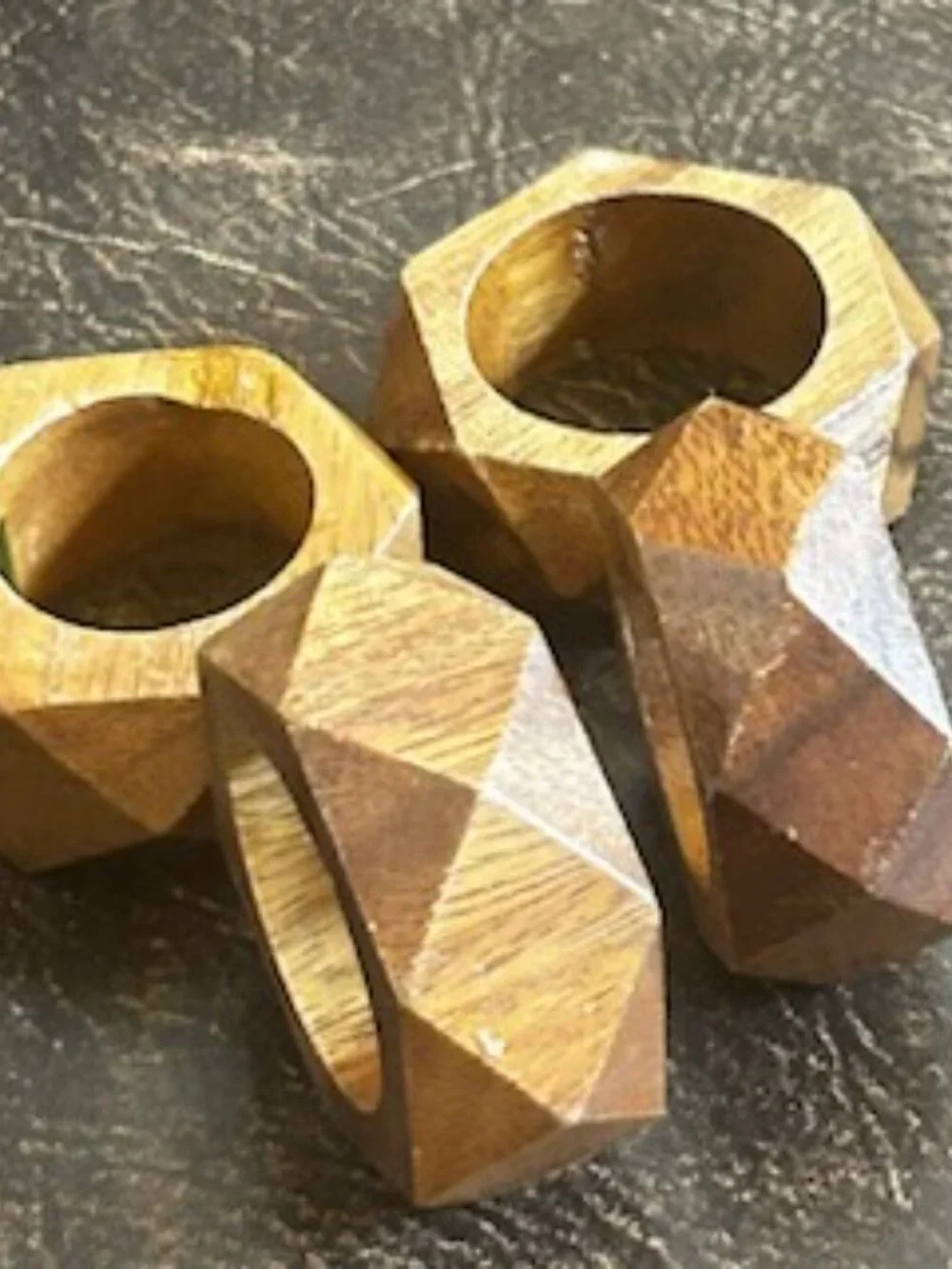 Set of 4 Vintage MCM Geometric Design Faceted Wooden Napkin Rings